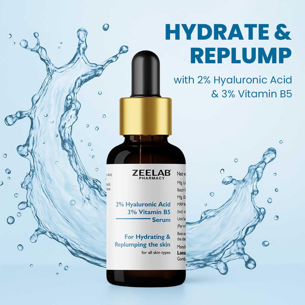 Zeelab 2% Hyaluronic Acid + 3% Vitamin B5 Face Serum – Deep Hydration & Skin Repair – Helps Improve Elasticity, Smoothness & Glow – Lightweight, Non-Greasy Formula – 30ml