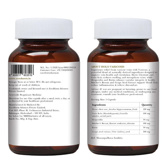ZEROHARM Holo Varicosis With Horse Chestnut, Gotu Kola, Hesperidin, Rutin, Butcher’s Broom & Grape Seed Extract | Reduce Varicose Veins, Boost Circulation and Leg Comfort | For Men and Women | 60 Nano Capsules
