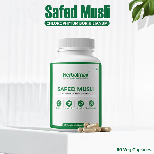 Herbalmax Safed Musli 800mg | With Shilajit, Ashwagandha & Gokshura | Natural Energy, Immunity Boost, Stamina & Stress Relief | Enhances Performance & Body Strength for Men & Women – 60 Veg Capsules