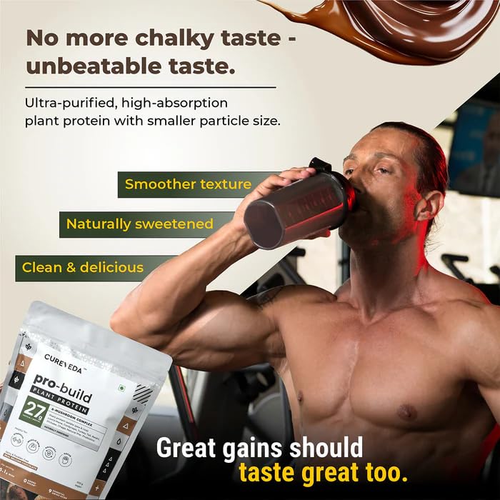 Cureveda Pro-Build Plant Protein Powder | 27g Vegan Protein + 6 Mushrooms | 5.1g BCAA & Digestive Enzymes | Cordyceps, Lion’s Mane, Reishi, Chaga, Shiitake, Turkey Tail | Chocolate | 500g