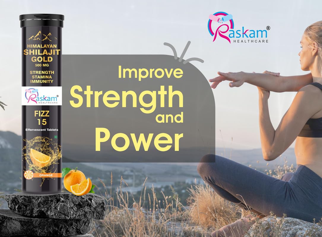 Himalayan Shilajit Gold Fizz 15 Effervescent Tablets (Orange Flavour, 500mg, Pack of 1) | With Ashwagandha, Gokshura & Safed Musli for Strength