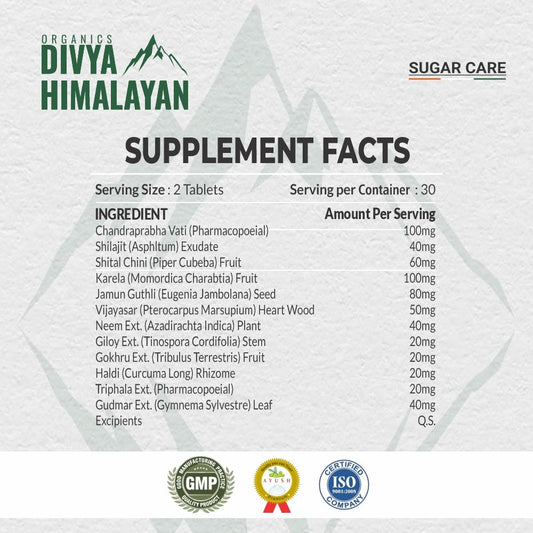 Divya Himalayan Sugar Care Supplement | 60 Tablets | Supports Healthy Blood Sugar Levels | Herbal Blend with Bitter Melon, Gymnema & Fenugreek