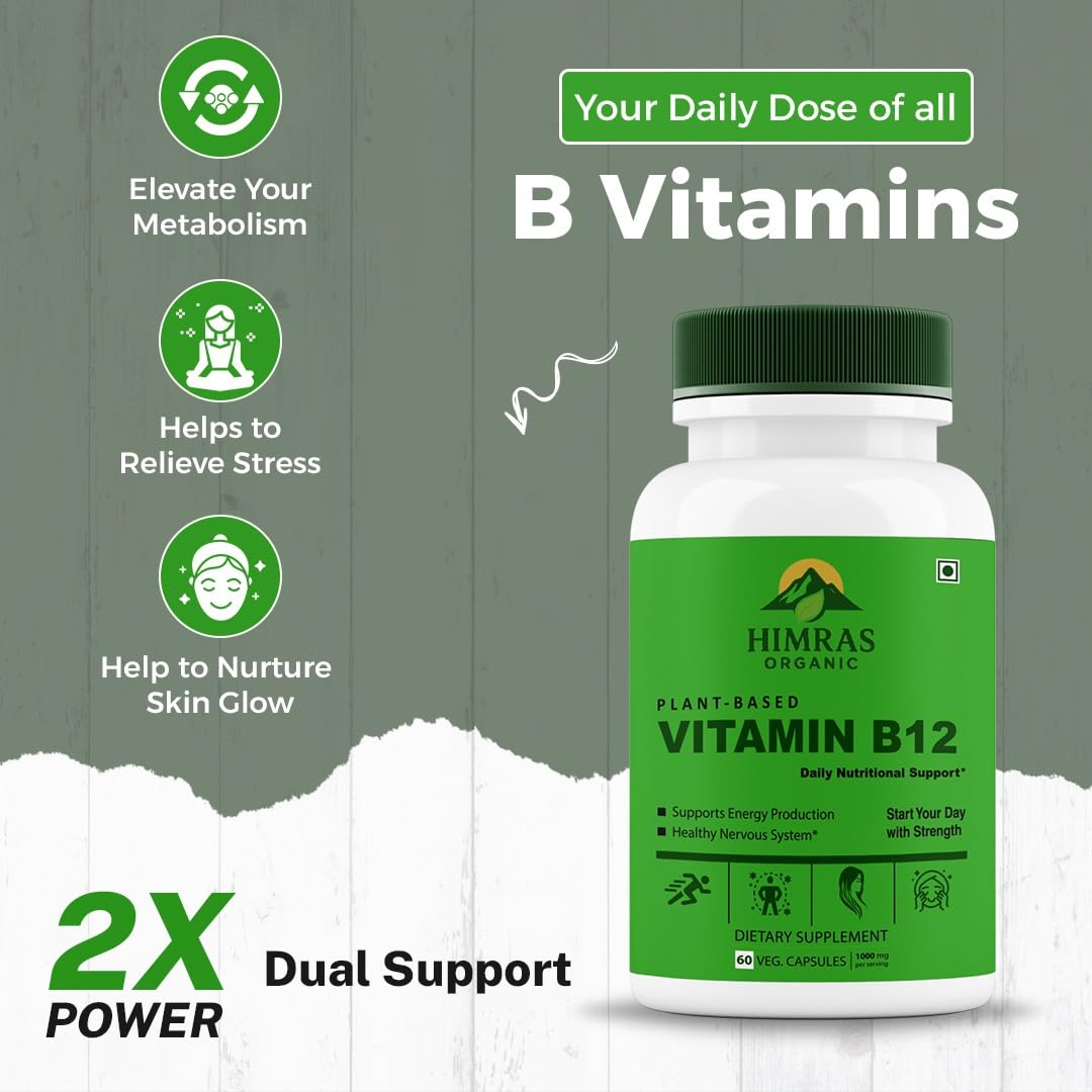 Plant-Based Vitamin B12 1000mcg Natural Energy & Immunity Booster 60 Veg Capsules for Men & Women Dietary Supplement (1)