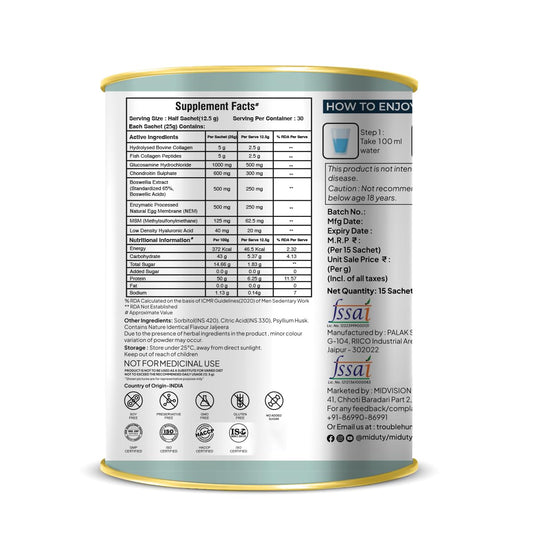 Miduty By Palak Notes Build Joints Back For Rheumatoid Arthritis Supplement - Collagen Peptides Natural Egg Membrane, Boswellia and Glucosamine - Joint Pain Relief Supplement - 15 Sachets