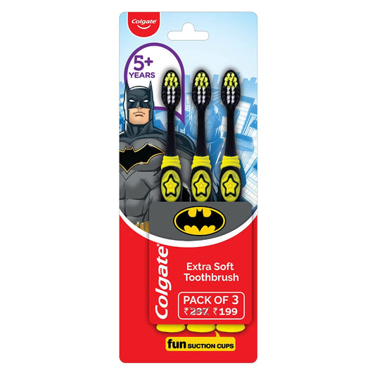 Colgate Kids Batman Manual Toothbrush (Pack of 3,Multicolor) & Colgate Kids Anticavity Toothpaste for 2-5 Years - 80gm (Strawberry flavour) COMBO