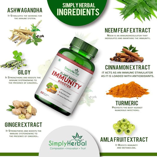 Simply Herbal Plant Based Organic Immunity Booster Capsules for Men & Women, Immunity Blend of Giloy, Haldi, Ashwagandha, Aloe Vera, Laung, Shatawari and Natural Herbs Heath Dietary Supplement, 60 Capsules