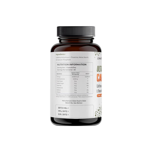 NATURALTEIN Ultimate Caffeine with L-Theanine | 100mg Caffeine + 100mg L-Theanine | Energy, Focus & Alertness Support | 2-in-1 Formula | 60 Veg Capsules