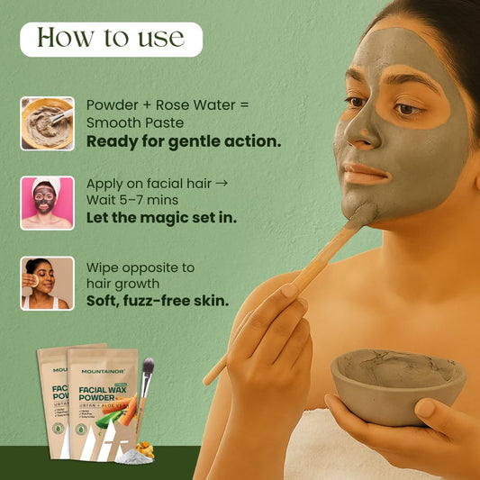MOUNTAINOR Face Wax Powder with Ubtan & Aloevera, Full Body Painless Herbal Hair Remover Waxing Cream Powder for Women No Harmful Chemicals, No Irritation, No Skin Rashes - 100 gm