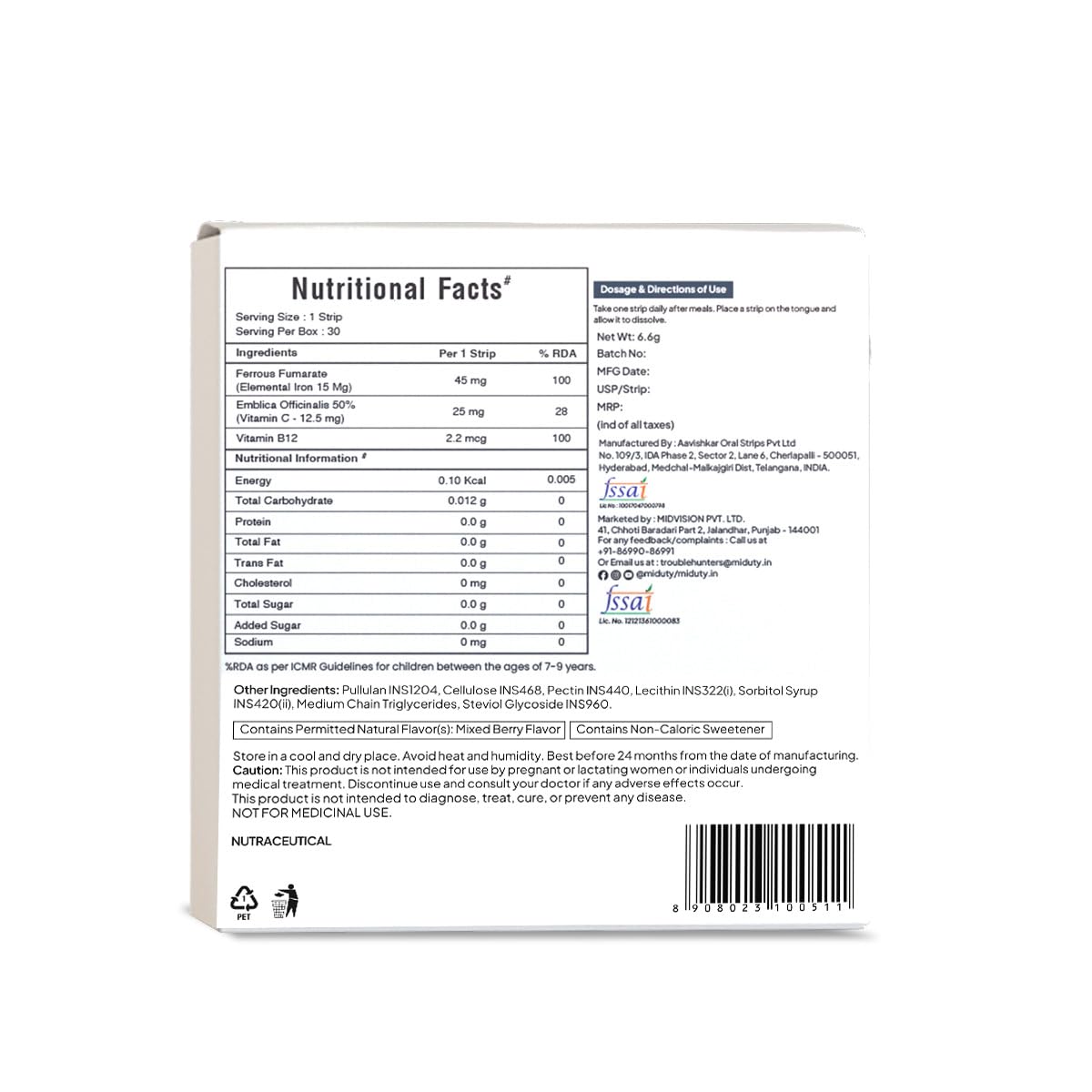 Miduty by Palak Notes Kids Iron Strips for Kids - Dissolvable Strips for better Iron absorption - Energy Boost - Iron Supplement with Vitamin C & Vitamin B12 - Mixed Berry Flavour - 30 Oral Strips