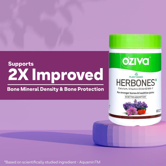 OZiva Plant Based HerBones|Healthy Bones Supplement for Better Bone Health & Bone Strength & Density|With Acerola Cherry & Ashoka for Healthy Bones for Women,Certified Vegan,60 capsules,70 grams