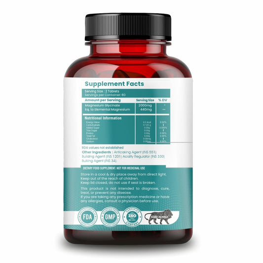 Pure Magnesium Glycinate - Maximum Strength Chelated Magnesium Supplement for Women and Men for Muscle Cramps, Sleep Support and Nerve Health- 2000mg Per Serving, 120 Vegetarian Tablets