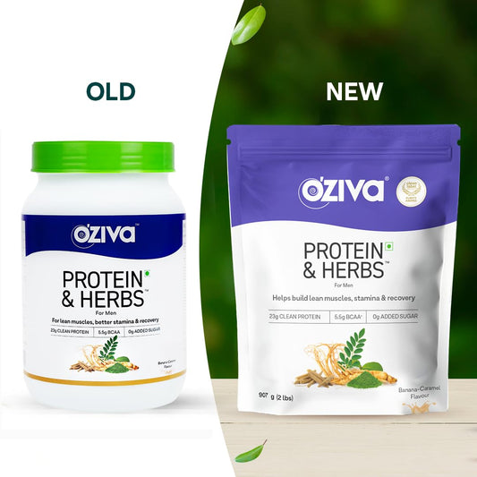 OZiva Protein & Herbs for Men (Banana Caramel) I Muscle Building, Stamina & Recovery | Clean Protein, Shatavari, Green Tea I No Added Sugar, 2lbs (907gm)