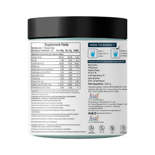 Miduty by Palak Notes Matcha Tea - Detoxifying Drink, Fat Burner - Energy Booster, Weight Management - Promote Anti Aging & Gut Health, MCT Fat - L-Theanine With Coconut Milk - Vanilla flavour - 260g