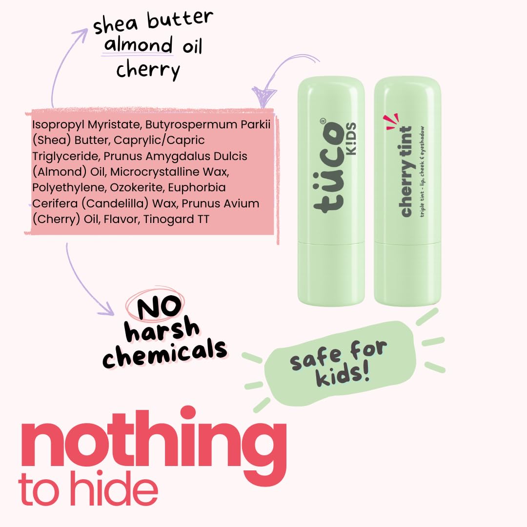 Tuco® Kids Lip Balm Tint | Lip, Cheek & Eyeshadow | Ages 3-15 Years | Made with 100% Natural Oils & Waxes | Free from Mineral Oils, Synthetic Fragrance and Parabens (Cherry tint, 4.5g)