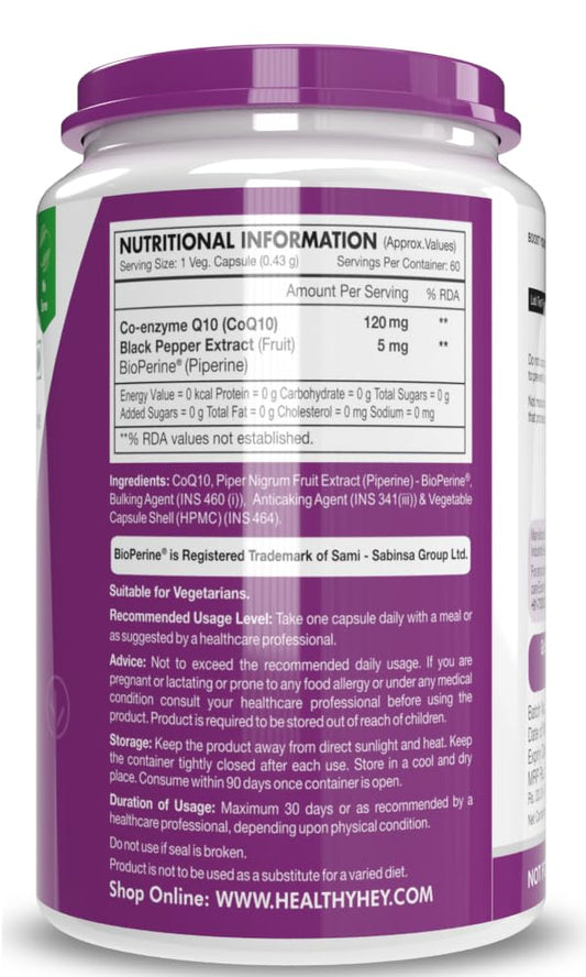 HealthyHey Nutrition High Absorption CoQ10 with BioPerine-125mg -Pack of 60 Capsules