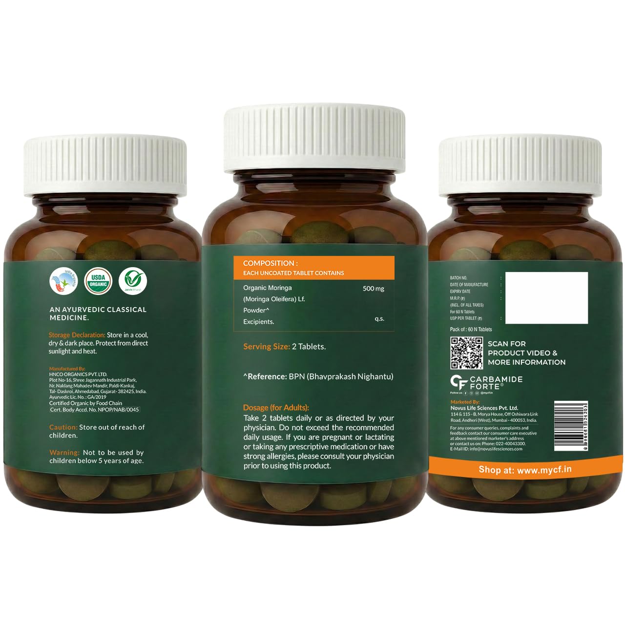 Carbamide Forte Organic Moringa Tablet with 1000mg Leaves Extract | Moringa Powder Tablets for Immunity, Digestion & Energy | Tablets 60