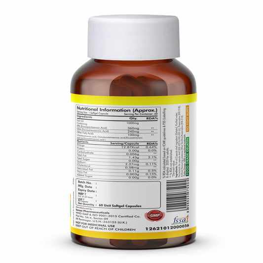 FYTIKA Omega 3 Fish Oil 1000mg 60 Capsules for Heart, Eye, Skin, Brain, Joint & Muscle Support | Omega 3 1000mg Fatty Acid Capsule enriched with EPA 360mg+DHA 240mg & Omega Fatty Acids 400mg
