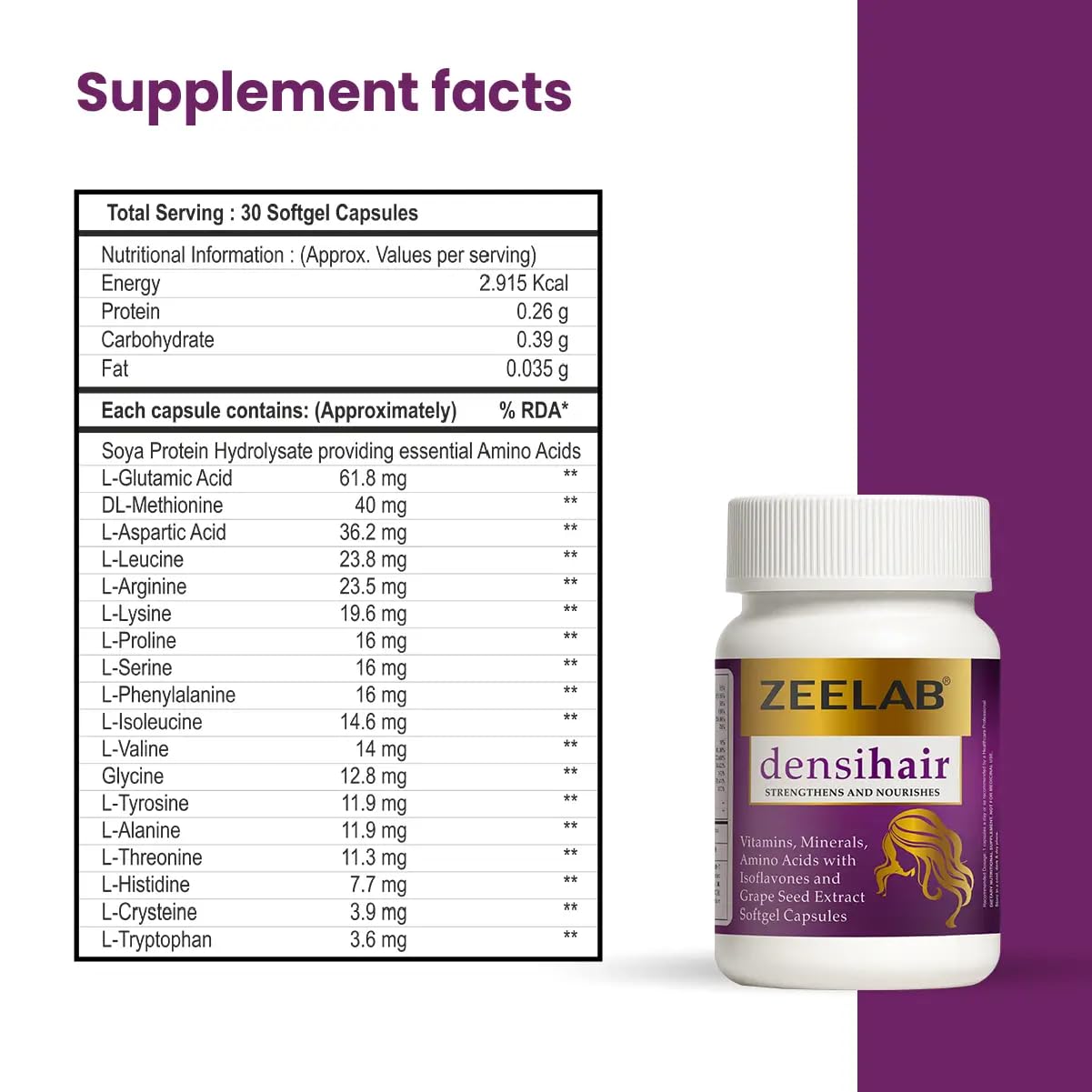 Zeelab Densihair Softgel Capsule for Women | Hair Nutrition Supplement with Biotin, Vitamins, Minerals, Amino Acids, Soya Isoflavones & Grape Seed Extract | Supports Hair Strength, Thickness & Scalp Health