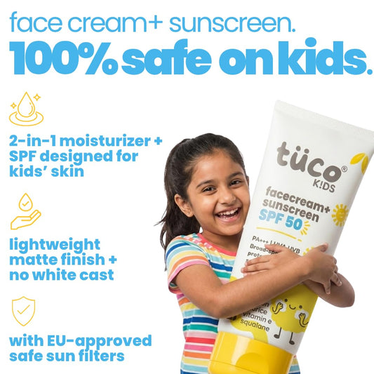 Tuco® Kids 2 in 1 Face Cream + Sunscreen SPF 50 with Saffron oil | UVA/UVB PA++++ | Broad Spectrum Protection | Benzophenone- 3 and Avobenzone Free | Ages 2-5, 5-10, 10-15 | 50gm