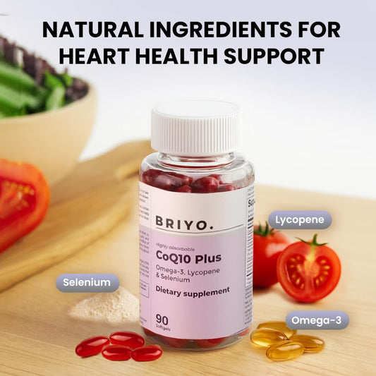Briyo Highly absorbable CoQ10 100 mg Plus Omega-3 with Natural Form of Lycopene and Selenium, Heart Health Supplement (90 softgels)