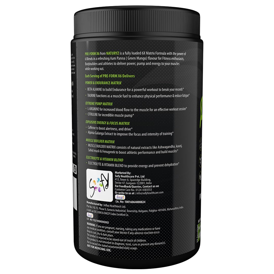 Naturyz Pre - Form X6 Pre Workout Supplement With Highest 19 Nutrients For Extreme Pump,Powder,Endurance,Energy,Focus,Muscle Builder,Vitamins & Electrolytes- 400 grams (Aam Panna Flavour)