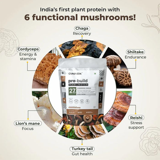 Cureveda Pro-Build Plant Protein Powder | 27g Vegan Protein + 6 Mushrooms | 5.1g BCAA & Digestive Enzymes | Cordyceps, Lion’s Mane, Reishi, Chaga, Shiitake, Turkey Tail | Chocolate | 500g