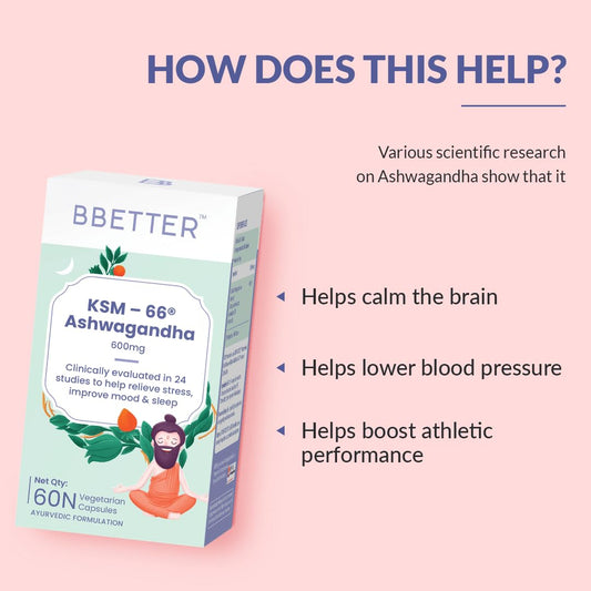 BBETTER Ashwagandha KSM 66 Capsules 600mg | Lab Tested | Lab Report Attached | Ashvagandha Tablet For Stress, Sleep Management & Anxiety Relief | Rejuvenates Mind & Body | 60 Veg aswagandha Capsules