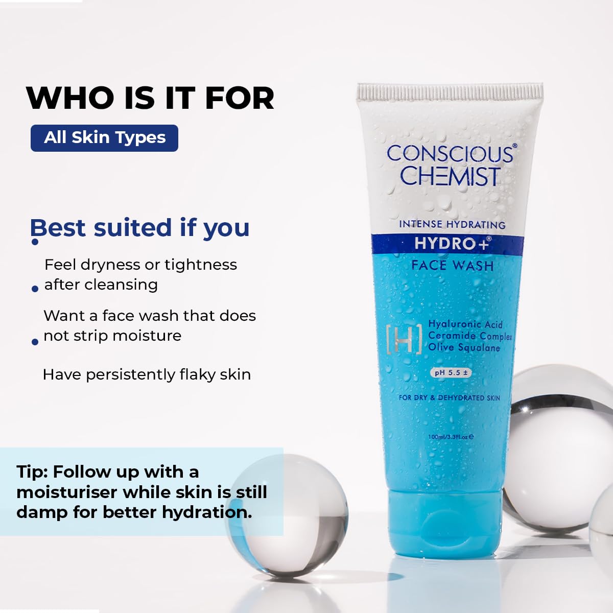 Conscious Chemist® Gentle Face Wash for Dry Skin | 100ml | Hydrating Cleanser for Face with Hyaluronic Acid, Ceramides and Ginseng Extract, Treats Dull and Dehydrated Skin for Women & Men - Hydro+
