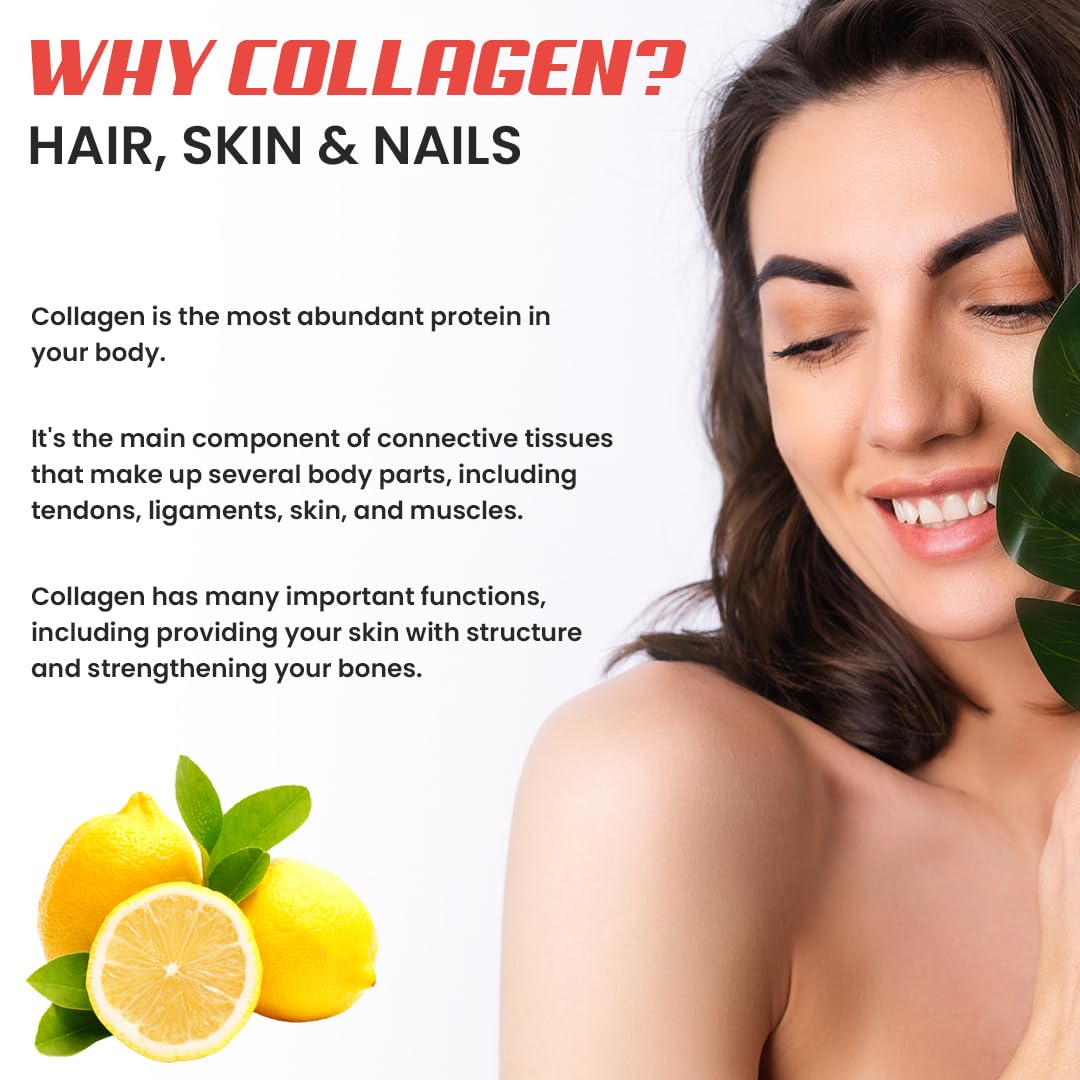 NATURYZ Marine Collagen Skin X5 for Women & Men | Premium Collagen Peptides | Power of 5 Blends | Hyaluronic acid, Biotin & Vitamin E | Supports Skin Radiance, Healthy Hair, Nails, Bone & Joints – 150g(Lemon Flavour)