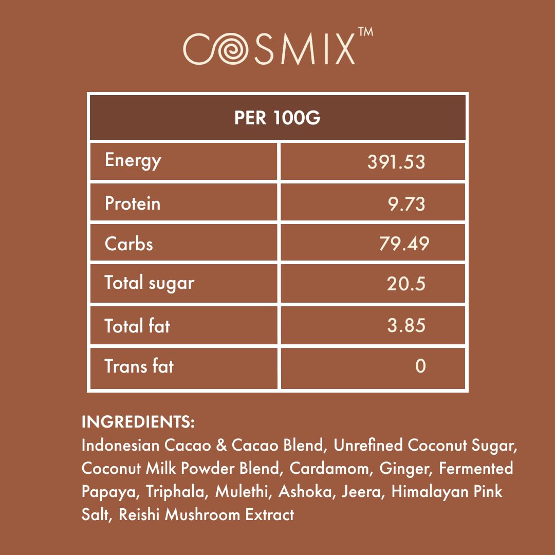 Cosmix My Happy Gut Hot Chocolate | For Improved Digestion & Overall Gut Health | Zero Refined Sugar, No Preservatives | Plant Based | Just add water & Enjoy | 200 gm - Makes upto 14 Cups
