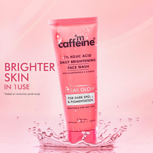 mCaffeine CLEAR GLOW 1% Kojic Acid Daily Brightening Face Wash with Glutathione For Dark Spots & Pigmentation |Brightens Skin |Face Wash For Men & Women | Non-Drying, Fragrance Free - 100ml
