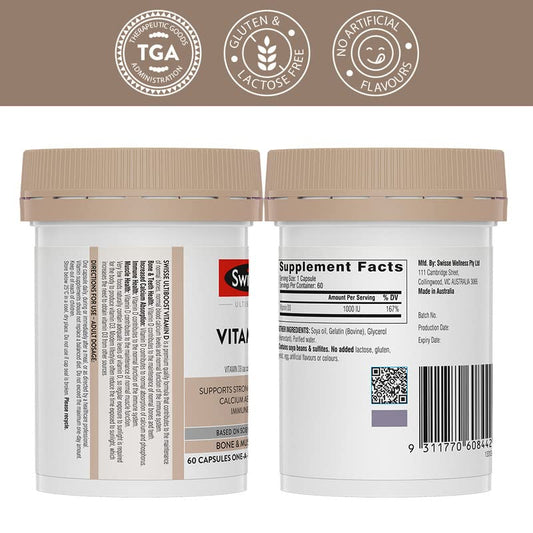 Swisse Vitamin D - 100% RDA of Vitamin D3 (Manufactured In Australia, Internationally Proven Formula) High Absorption Vitamin D3 For Healthy Bones, Immunity & Strong Muscles (90 Tablets)