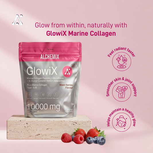 "8000mg Korean Marine Collagen Powder with Glutathione, Astaxanthin & NAC | Hydrolyzed Type 1 & 3 Collagen Peptides | Supports Skin Glow, Hair, Nails & Joints | Mixed Berries Flavour | 200g | 20 Servings | Alchemix Glowix"