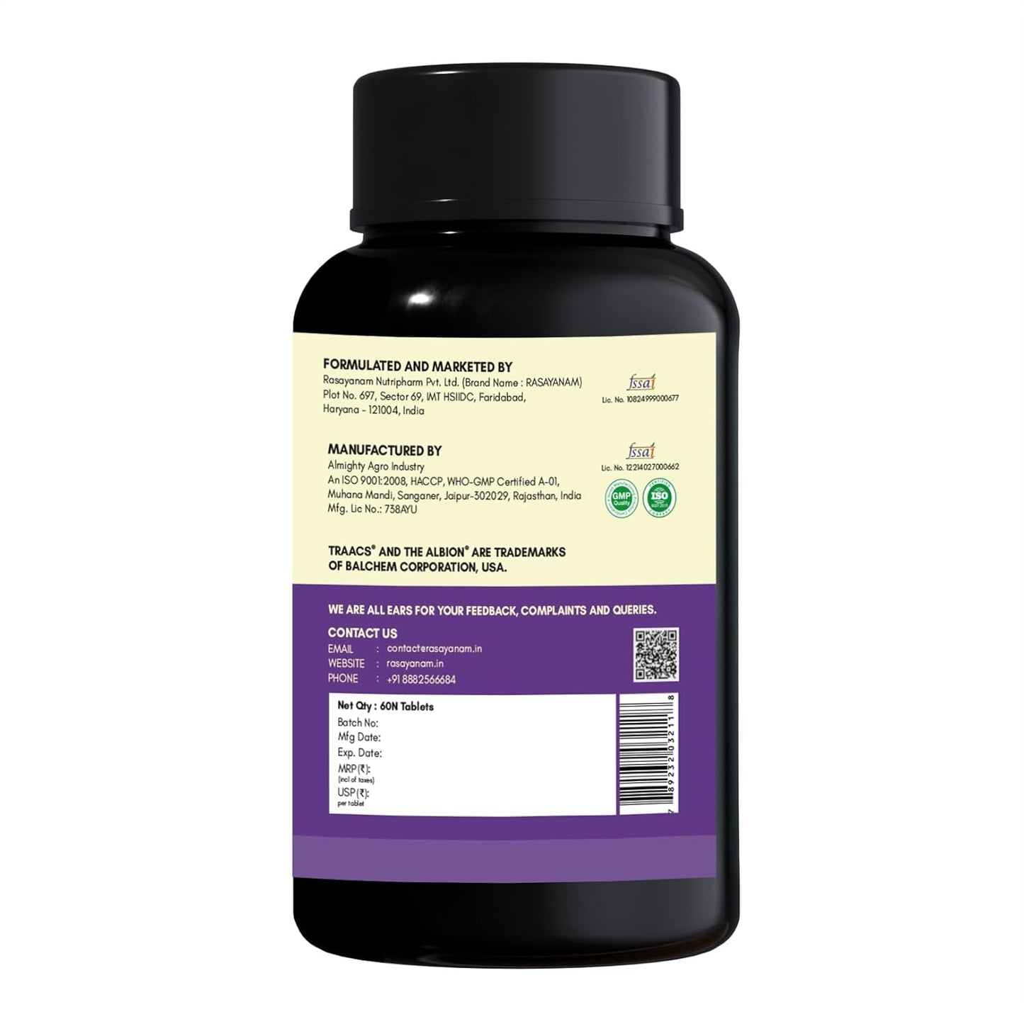 Rasayanam Chelated Magnesium Glycinate (2445 mg) - 60 Tablets | 440 mg Elemental Magnesium | High Absorption Magnesium Supplement | Supports Sleep, Relaxation & Muscle Recovery | Patented TRAACS®