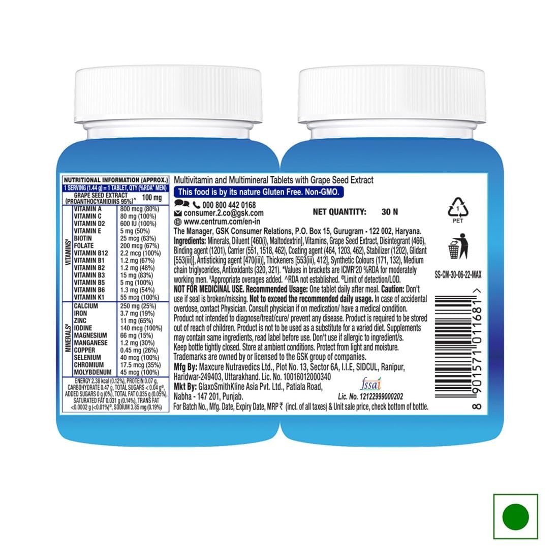 Centrum Men Tablet, World'S No.1 Multivitamin With Grape Seed Extract, Vitamin C & 21 Other Nutrients For Overall Health, Strong Muscles & Immunity (Veg) 30S, 43 Grams
