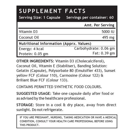 INLIFE Vitamin D3 5000 IU Cholecalciferol with Extra virgin Coconut Oil Supplement for Better Absorption| For both Men & Women| supports Immunity, Bones & Muscle health| Pack of 1-60 Soft gels.