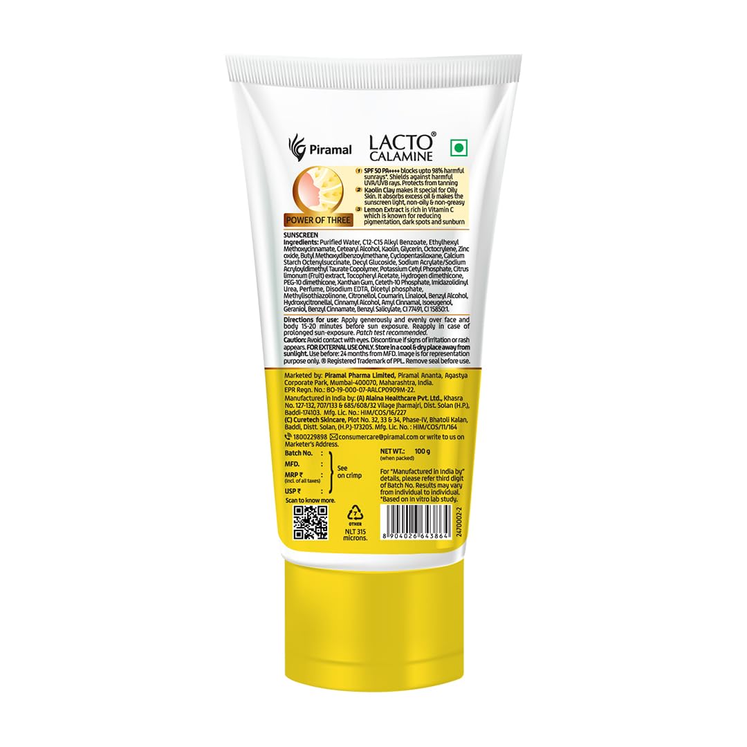 Lacto Calamine Sunscreen SPF 50 | 100g | PA ++++ Sunscreen For Oily Skin | UVA – UVB | Water Resistant & No White Cast | With Kaolin Clay, Vitamin E & Lemon Extracts | Paraben Free