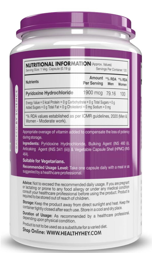 HealthyHey Nutrition Vitamin B6 Pyridoxine -120 Veg. Capsules