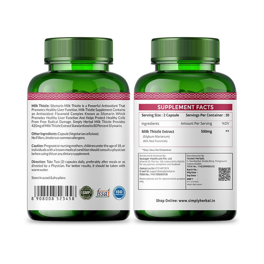 Simply Herbal Milk Thistle Extract 800mg with Silymarin – 60 Vegetarian Capsules | Liver Support Formula | Herbal Supplement for Wellness