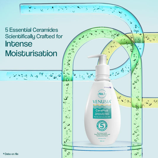 Dr. Reddy's Venusia CeraPlus Moisturizing Lotion For Dry Skin - Formulated With 5 Essential Ceramides, Oat Complex, Hyaluronic Acid | Hypoallergenic and Fragrance-Free | 100ml