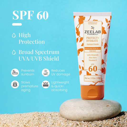 Zeelab Sunscreen Lotion SPF 60+ | Broad Spectrum UVA/UVB Protection | Lightweight, Non-Greasy Formula with Aloe Vera, Almond Oil & Vitamin E | Prevents Sunburn, Tanning & Ageing | 100 gm