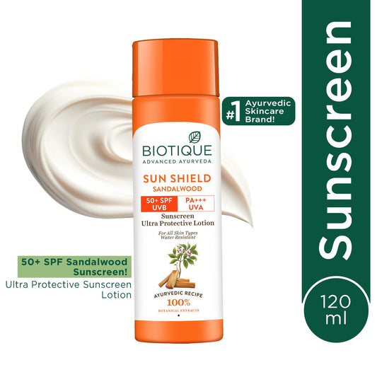 Biotique Bio Sandalwood Sunscreen Ultra Soothing Face Lotion, SPF 50+ |Ultra Protective Lotion| Keeps Skin Soft, Fair and Moisturized| Water Resistant| For All Skin Types| 120ml