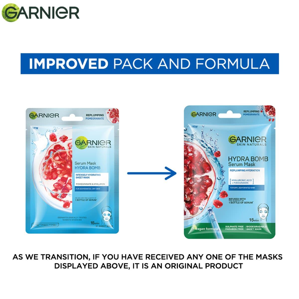 Garnier Skin Naturals, Serum Mask, Hydrating & Soothing, Hydra Bomb Pomegranate Mask, 1 pc, 28g