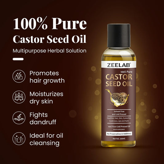 Zeelab Castor Seed Oil 200ml | 100% Pure Cold Pressed | Castor Oil for Skin, Hair Growth, Dandruff, Cleansing & Massage | Multipurpose Herbal Oil for Men & Women