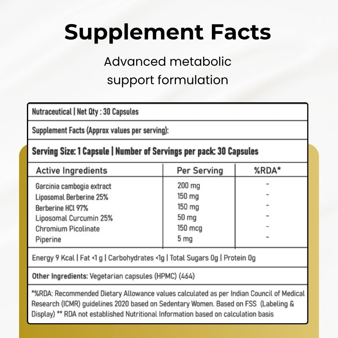 GLP1-MITO | 5-in-1 Weight Management Supplement | Liposomal Berberine, Chromium Picolinate, Garcinia Cambogia & Liposomal Curcumin with Piperine | 30 Veg Caps GLP-1 Supplement