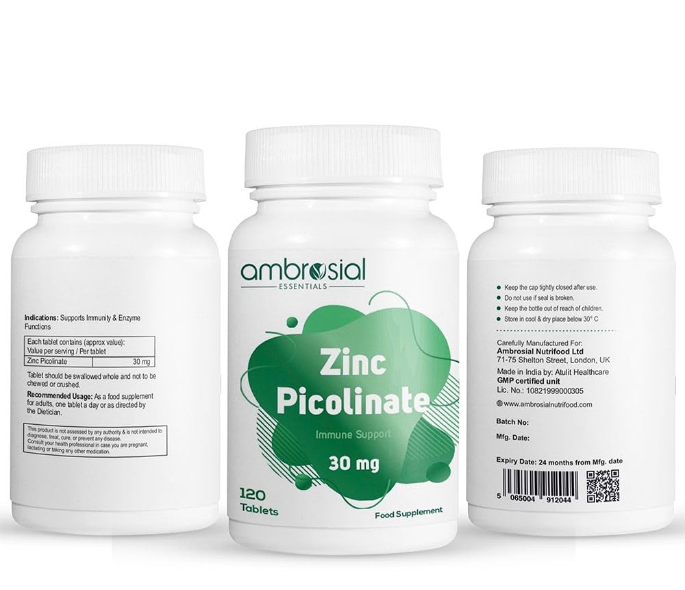 Ambrosial Zinc Picolinate 30mg, High Strength Zinc Supplements, Best Tablet for Immune Support, Bones, Hair, Skin, Nails, Supplement for Men & Women, Pack of 1-120 Tablets.