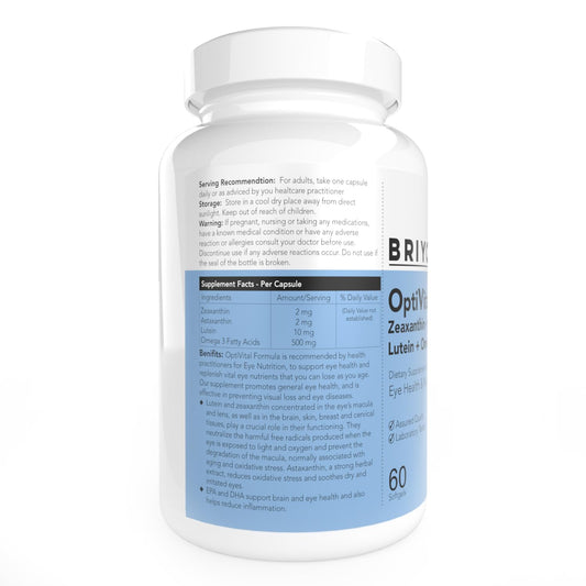 Briyo OptiVital Eye Health Supplement – Lutein, Zeaxanthin, Astaxanthin & Omega-3 from Natural Sources – Supports Vision, Retinal Health & Eye Strain Relief – 60 Capsules