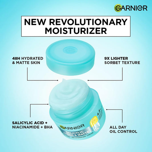 Garnier Fresh & Matte Salicylic Acid Sorbet Moisturizer Cream, Salicylic Acid + Niacinamide + Vitamin C, 9x Lighter Sorbet Cream, For Hydration & Oil Control, Suitable for Oily to Normal & Combination Skin, 90g