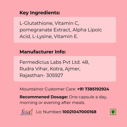 MOUNTAINOR L- Glutathione for Skin Whitening 1000mg With Grapeseed, Vit C,E, Hyaluronic Acid, Biotin Helps Reducing Melanin, Clear, Glowing Skin. Natural 30 Veg caps