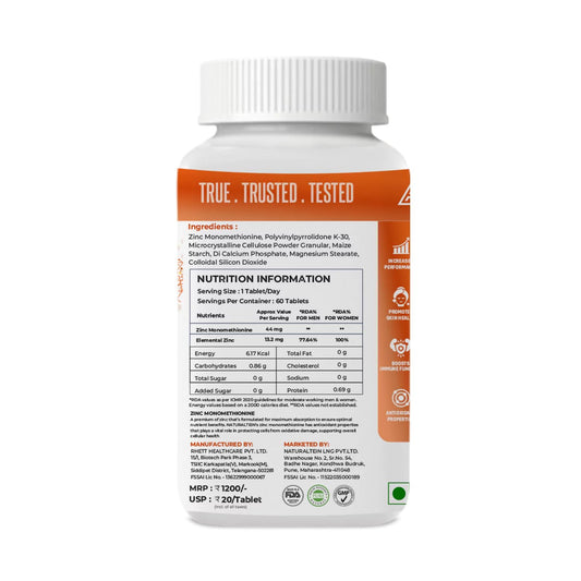 NATURALTEIN – Zinc Monometheonine (60 Tablets) | 44 mg of pure zinc monomethionine, 12 mg of elemental zinc in each tablet | Tested and free from Heavy Metals